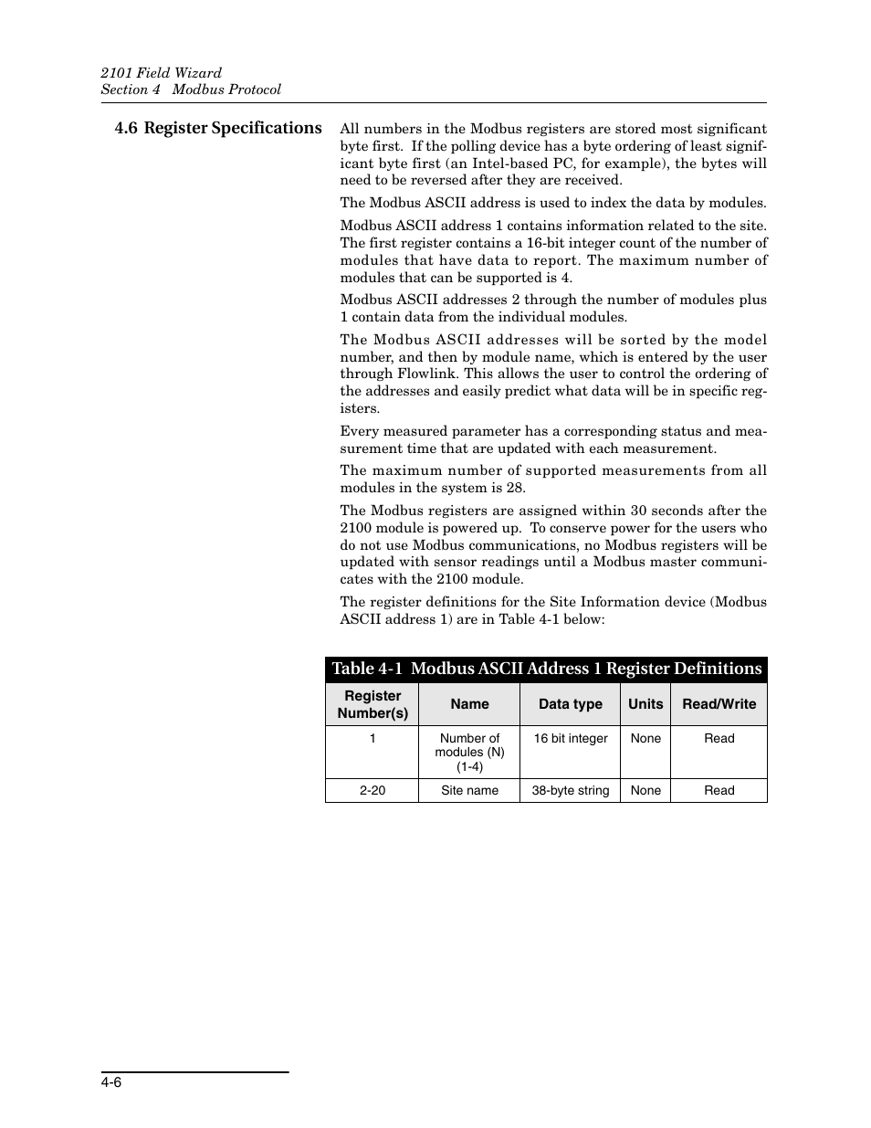 6 register specifications, 6 register specifications -6, 1 modbus ascii address 1 register definitions -6 | Rn to section 4.6 | Teledyne Field Wizard 2101 User Manual | Page 48 / 76