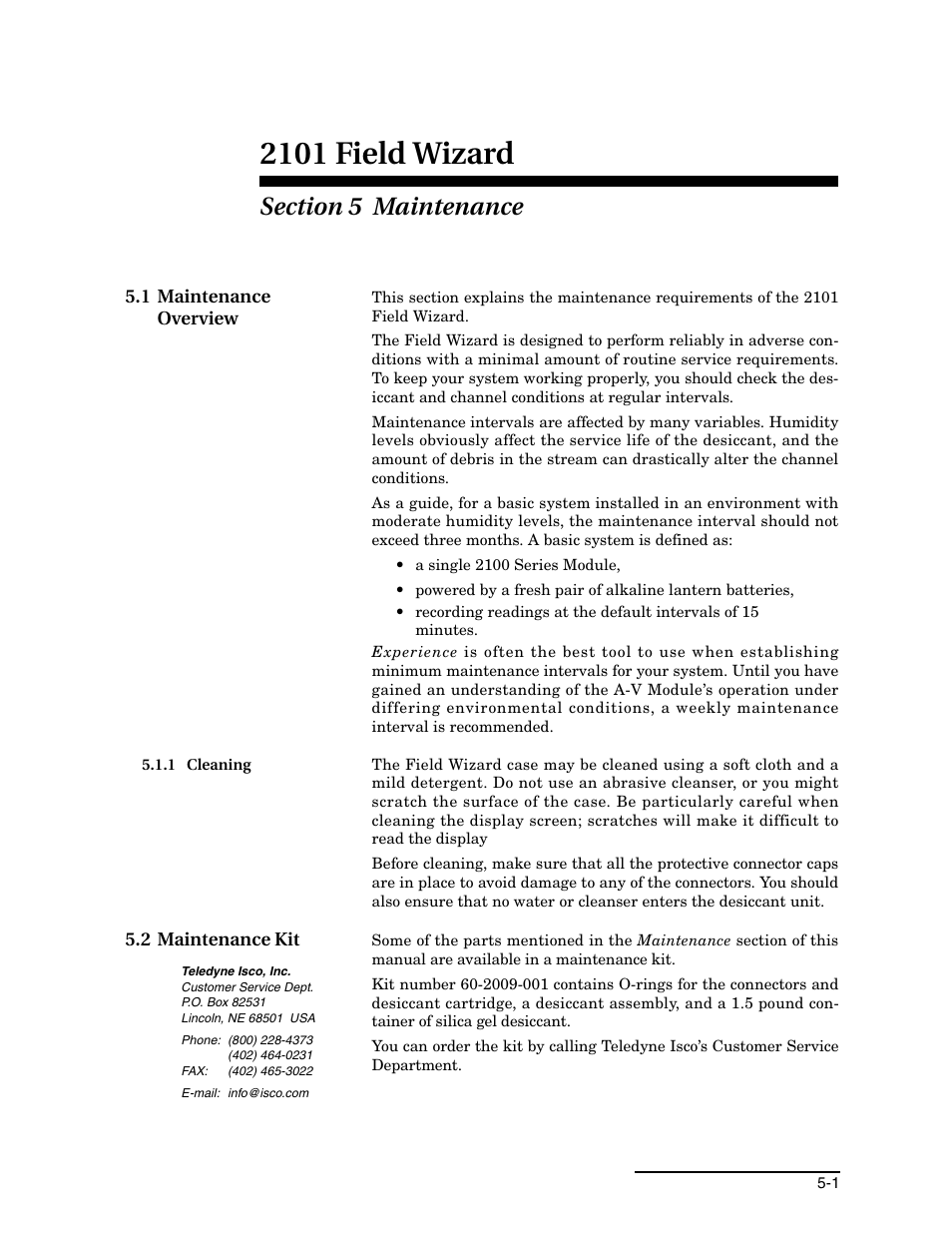 Section 5 maintenance, 1 maintenance overview, 1 cleaning | 2 maintenance kit, 1 maintenance overview -1, 1 cleaning -1, 2 maintenance kit -1, 2101 field wizard | Teledyne Field Wizard 2101 User Manual | Page 53 / 76