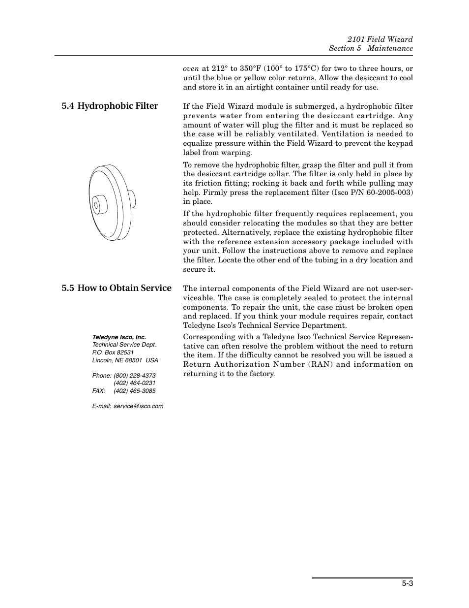 4 hydrophobic filter, 5 how to obtain service | Teledyne Field Wizard 2101 User Manual | Page 55 / 76
