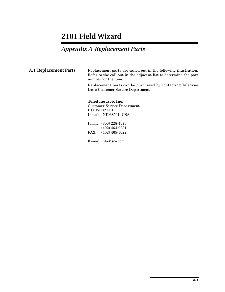 Appendix a replacement parts, A.1 replacement parts, 2101 field wizard | Teledyne Field Wizard 2101 User Manual | Page 57 / 76