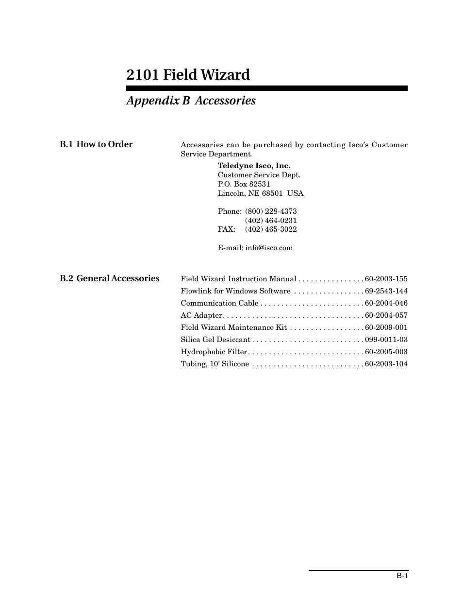 Appendix b accessories, B.1 how to order, B.2 general accessories | 2101 field wizard | Teledyne Field Wizard 2101 User Manual | Page 61 / 76