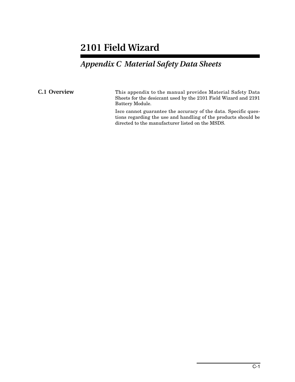 Appendix c material safety data sheets, C.1 overview, 2101 field wizard | Teledyne Field Wizard 2101 User Manual | Page 63 / 76