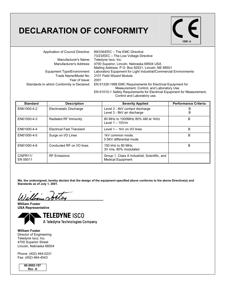 Declaration of conformity | Teledyne Field Wizard 2101 User Manual | Page 71 / 76