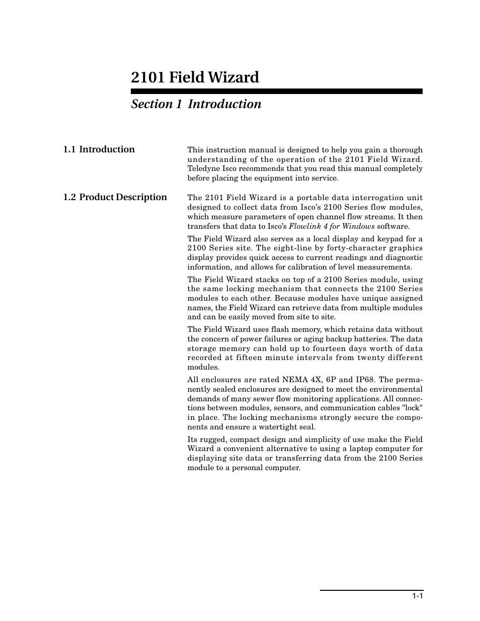 Section 1 introduction, 1 introduction, 2 product description | 1 introduction -1 1.2 product description -1, 2101 field wizard | Teledyne Field Wizard 2101 User Manual | Page 9 / 76