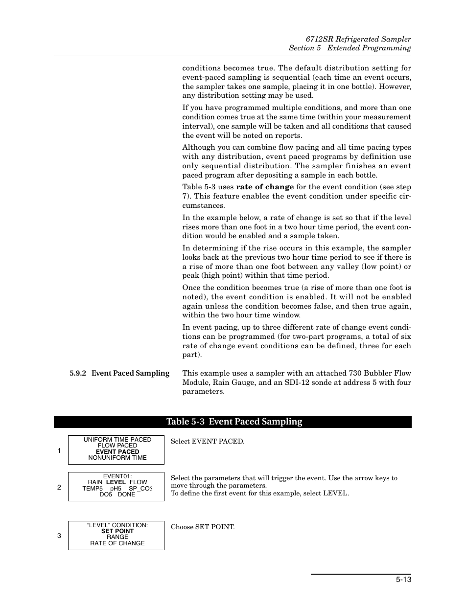 2 event paced sampling, 2 event paced sampling -13, 3 event paced sampling -13 | Table 5-3 event paced sampling | Teledyne 6712SR User Manual | Page 101 / 224