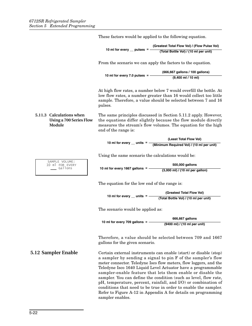 3 calculations when using a 700 series flow module, 12 sampler enable, 12 sampler enable -22 | Teledyne 6712SR User Manual | Page 110 / 224