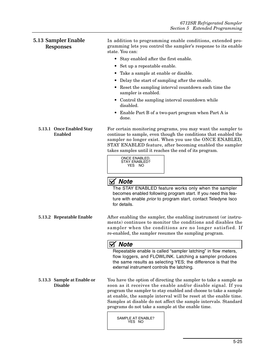 13 sampler enable responses, 1 once enabled stay enabled, 2 repeatable enable | 3 sample at enable or disable, 13 sampler enable responses -25 | Teledyne 6712SR User Manual | Page 113 / 224