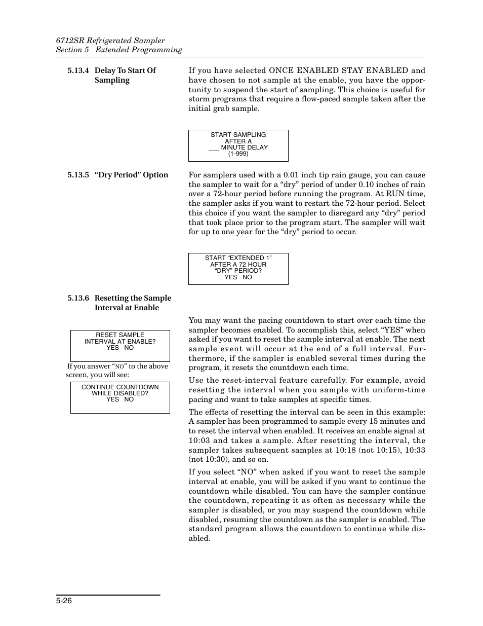 4 delay to start of sampling, 5 “dry period” option, 6 resetting the sample interval at enable | Teledyne 6712SR User Manual | Page 114 / 224