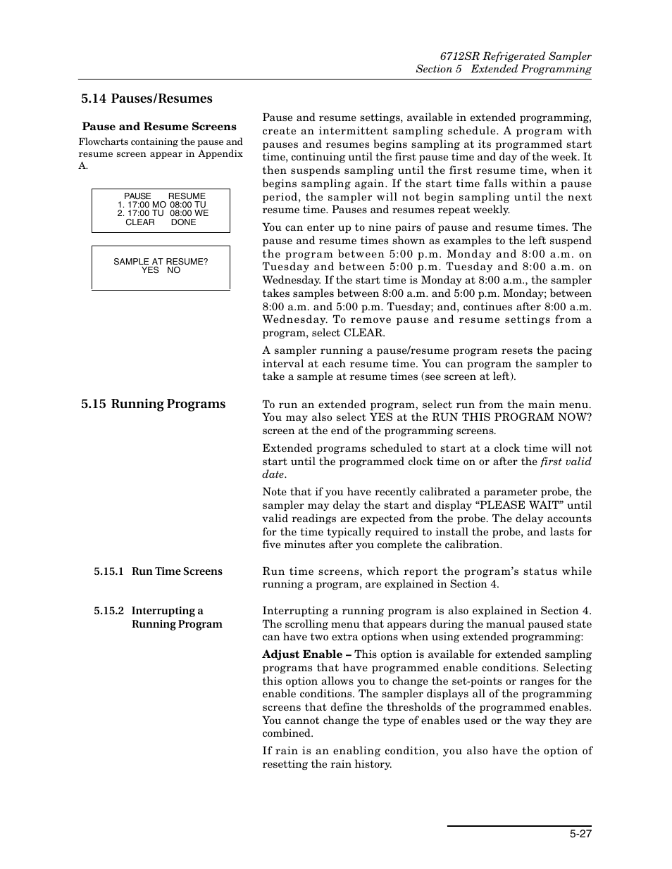 14 pauses/resumes, 15 running programs, 1 run time screens | 2 interrupting a running program, 14 pauses/resumes -27 5.15 running programs -27 | Teledyne 6712SR User Manual | Page 115 / 224