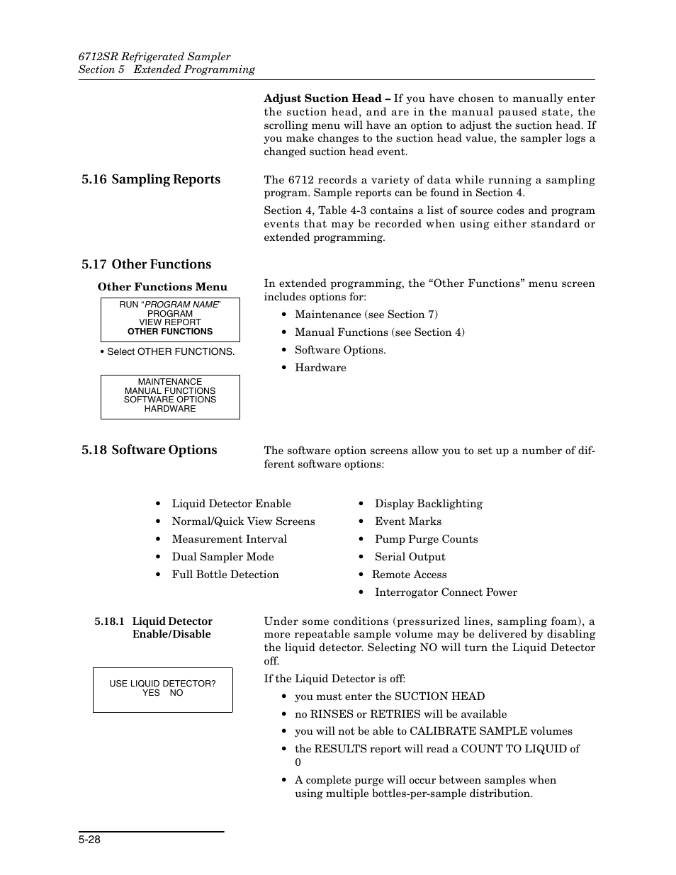 16 sampling reports, 17 other functions, 18 software options | 1 liquid detector enable/disable, 1 liquid detector enable/disable -28 | Teledyne 6712SR User Manual | Page 116 / 224