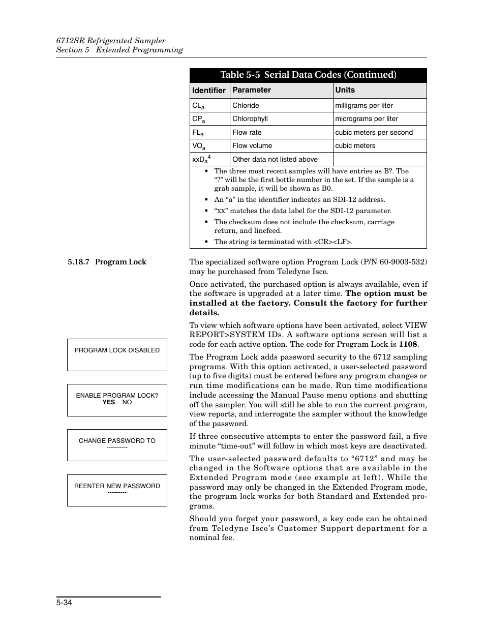 7 program lock, 7 program lock -34, Table 5-5 serial data codes (continued) | Teledyne 6712SR User Manual | Page 122 / 224