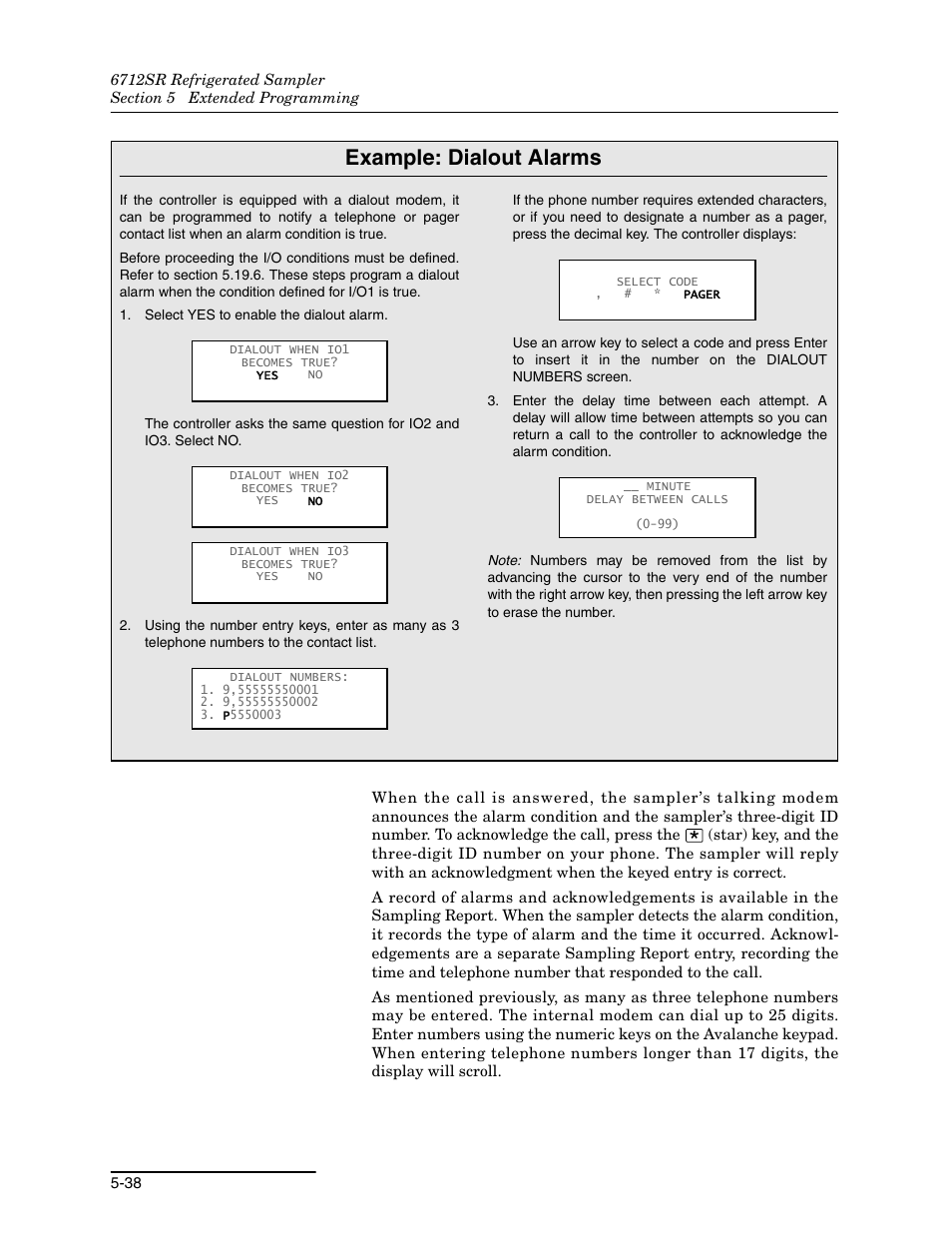 Example: dialout alarms | Teledyne 6712SR User Manual | Page 126 / 224