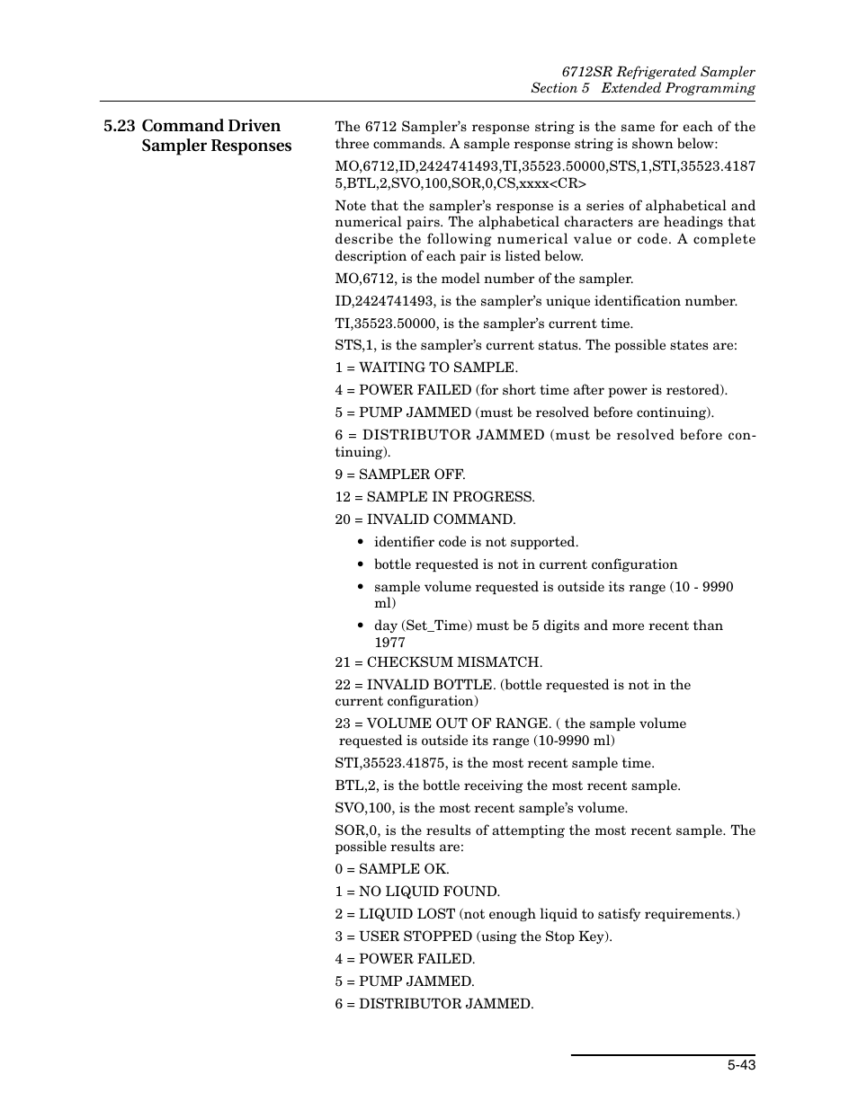 23 command driven sampler responses, 23 command driven sampler responses -43 | Teledyne 6712SR User Manual | Page 131 / 224