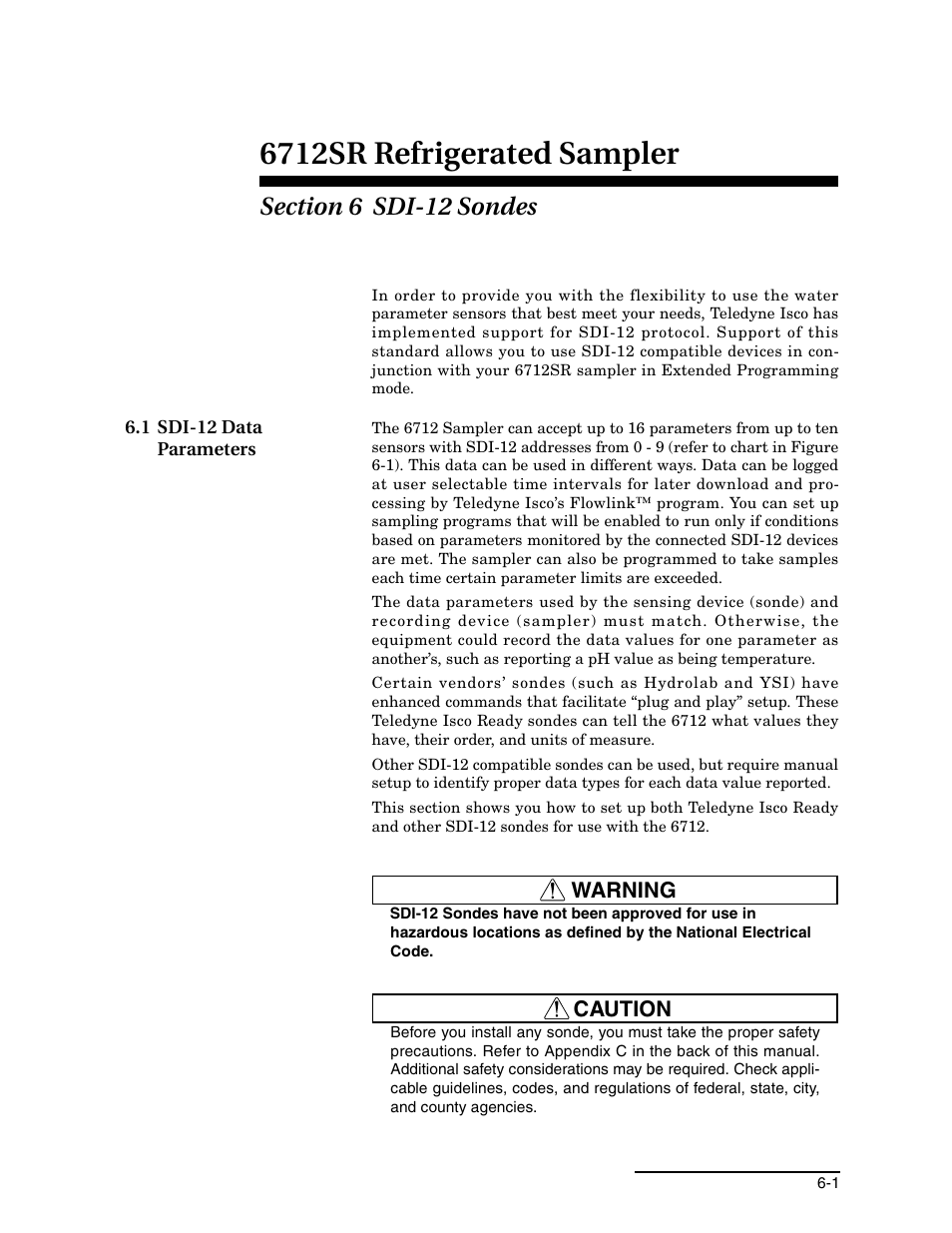 Section 6 sdi-12 sondes, 1 sdi-12 data parameters, 1 sdi-12 data parameters -1 | 6712sr refrigerated sampler | Teledyne 6712SR User Manual | Page 133 / 224