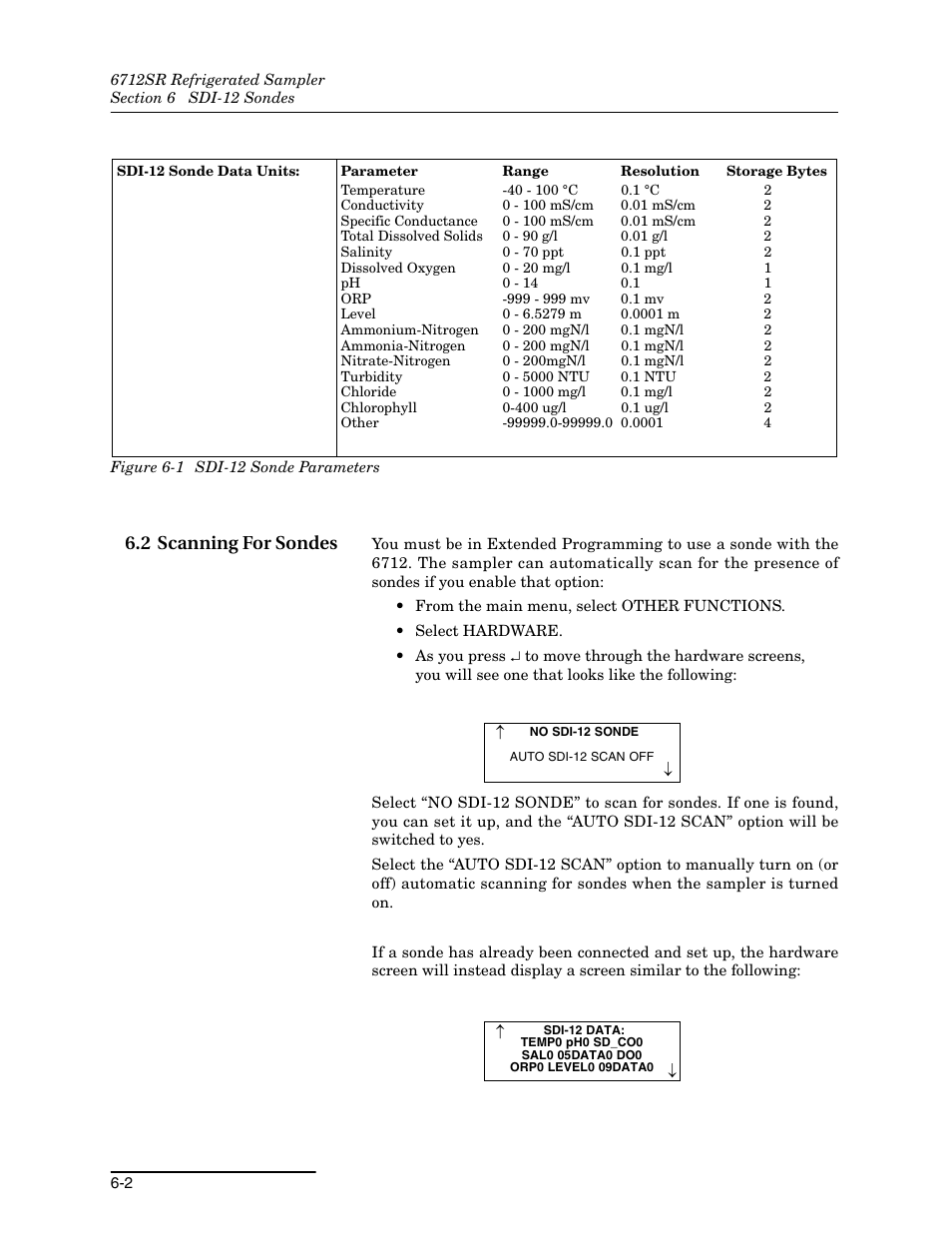 2 scanning for sondes, 2 scanning for sondes -2, 1 sdi-12 sonde parameters -2 | Teledyne 6712SR User Manual | Page 134 / 224