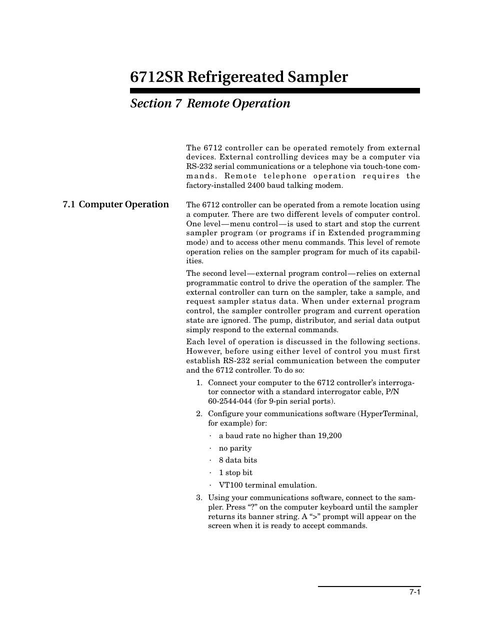 Section 7 remote operation, 1 computer operation, 1 computer operation -1 | 6712sr refrigereated sampler | Teledyne 6712SR User Manual | Page 141 / 224