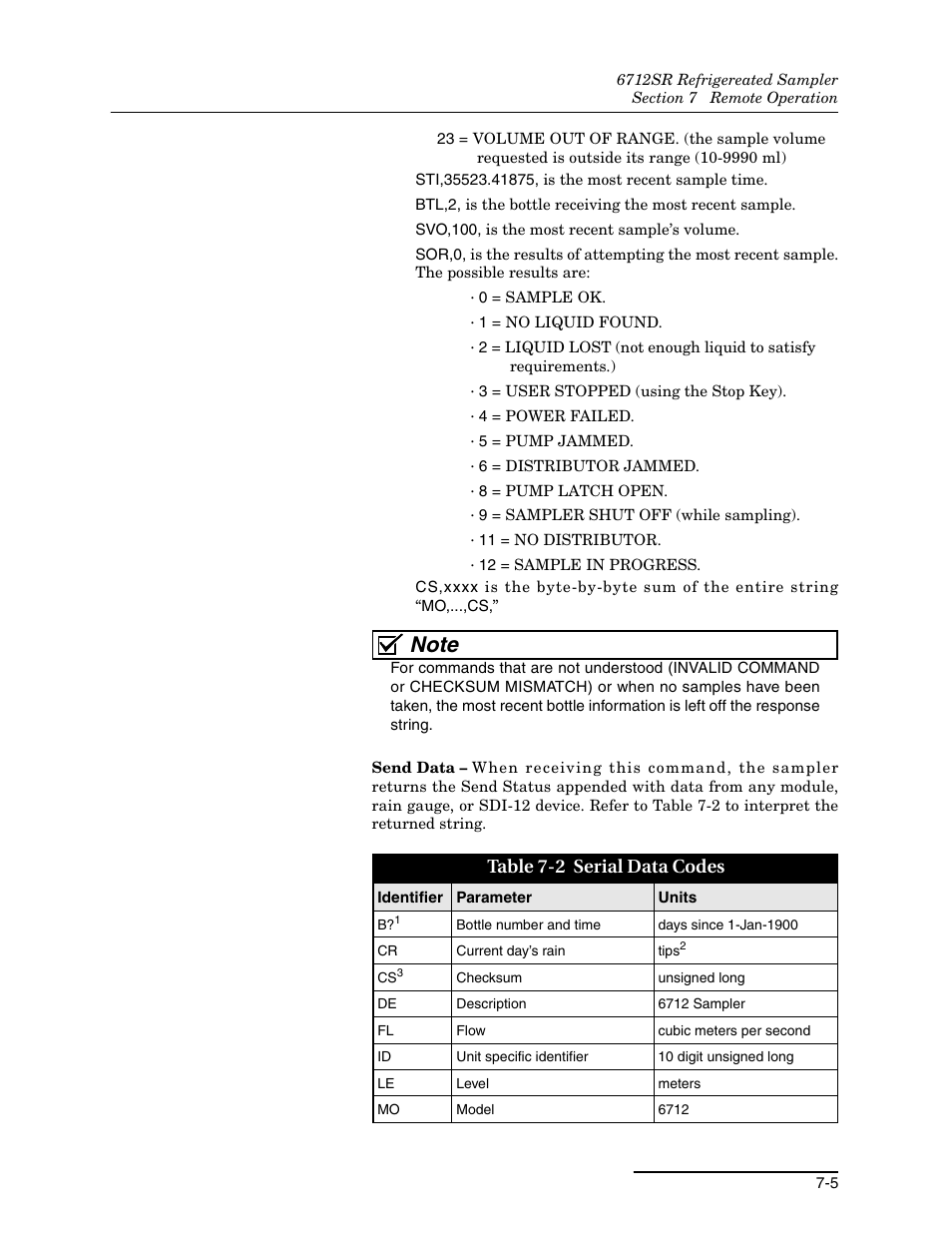 2 serial data codes -5, Table 7-2 serial data codes | Teledyne 6712SR User Manual | Page 145 / 224