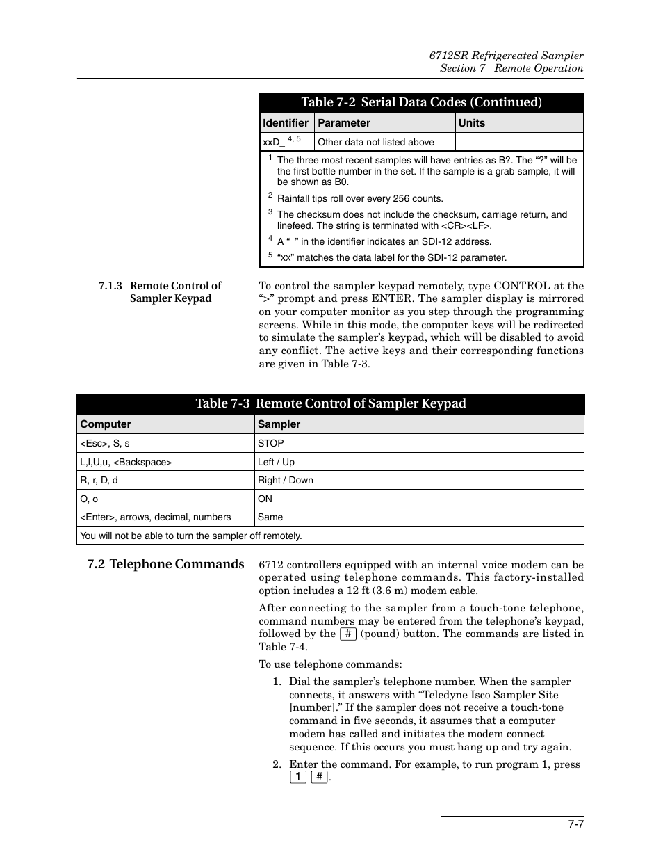 3 remote control of sampler keypad, 2 telephone commands, 3 remote control of sampler keypad -7 | 2 telephone commands -7, Table 7-2 serial data codes (continued), Table 7-3 remote control of sampler keypad | Teledyne 6712SR User Manual | Page 147 / 224