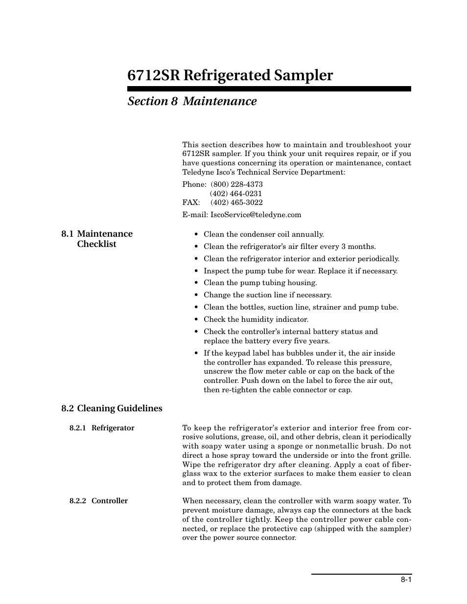 Section 8 maintenance, 1 maintenance checklist, 2 cleaning guidelines | 1 refrigerator, 2 controller, 1 refrigerator -1 8.2.2 controller -1, 6712sr refrigerated sampler | Teledyne 6712SR User Manual | Page 149 / 224