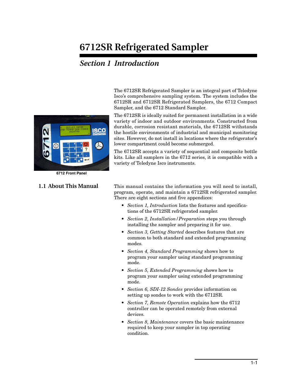 Section 1 introduction, 1 about this manual, 1 about this manual -1 | 6712sr refrigerated sampler | Teledyne 6712SR User Manual | Page 15 / 224