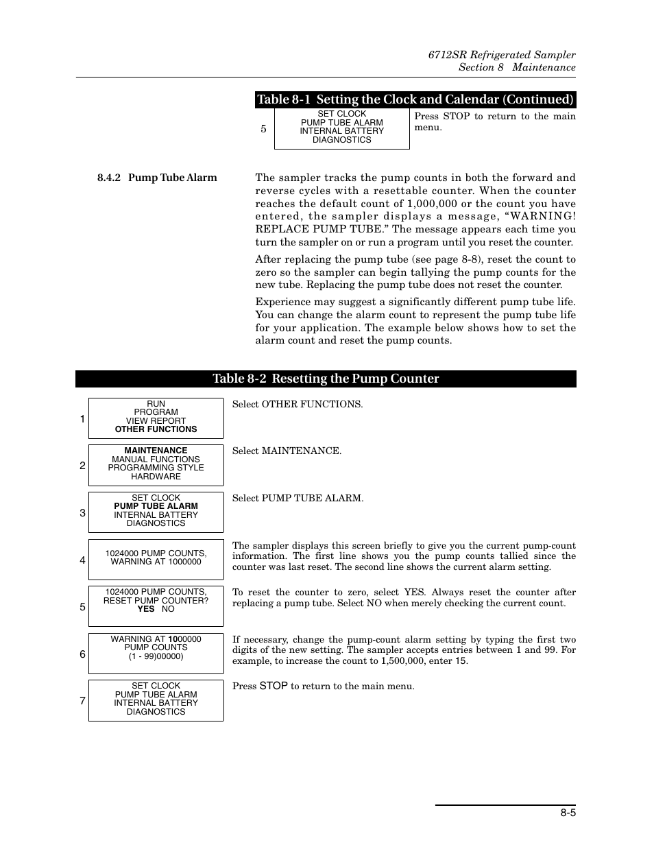 2 pump tube alarm, 2 pump tube alarm -5, 2 resetting the pump counter -5 | Teledyne 6712SR User Manual | Page 153 / 224