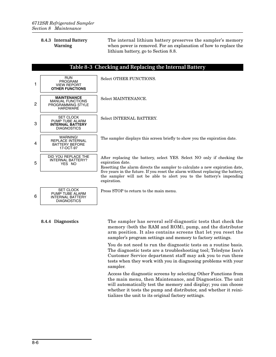 3 internal battery warning, 4 diagnostics, 3 internal battery warning -6 8.4.4 diagnostics -6 | 3 checking and replacing the internal battery -6 | Teledyne 6712SR User Manual | Page 154 / 224