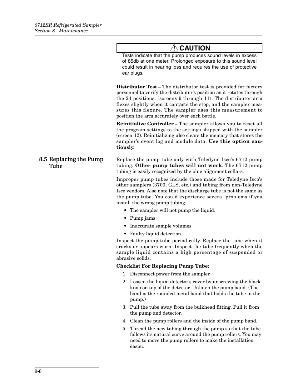 5 replacing the pump tube, 5 replacing the pump tube -8, Caution | Teledyne 6712SR User Manual | Page 156 / 224