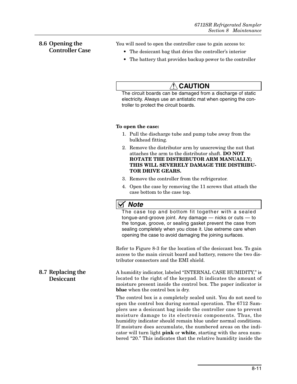 6 opening the controller case, 7 replacing the desiccant, Caution | Teledyne 6712SR User Manual | Page 159 / 224