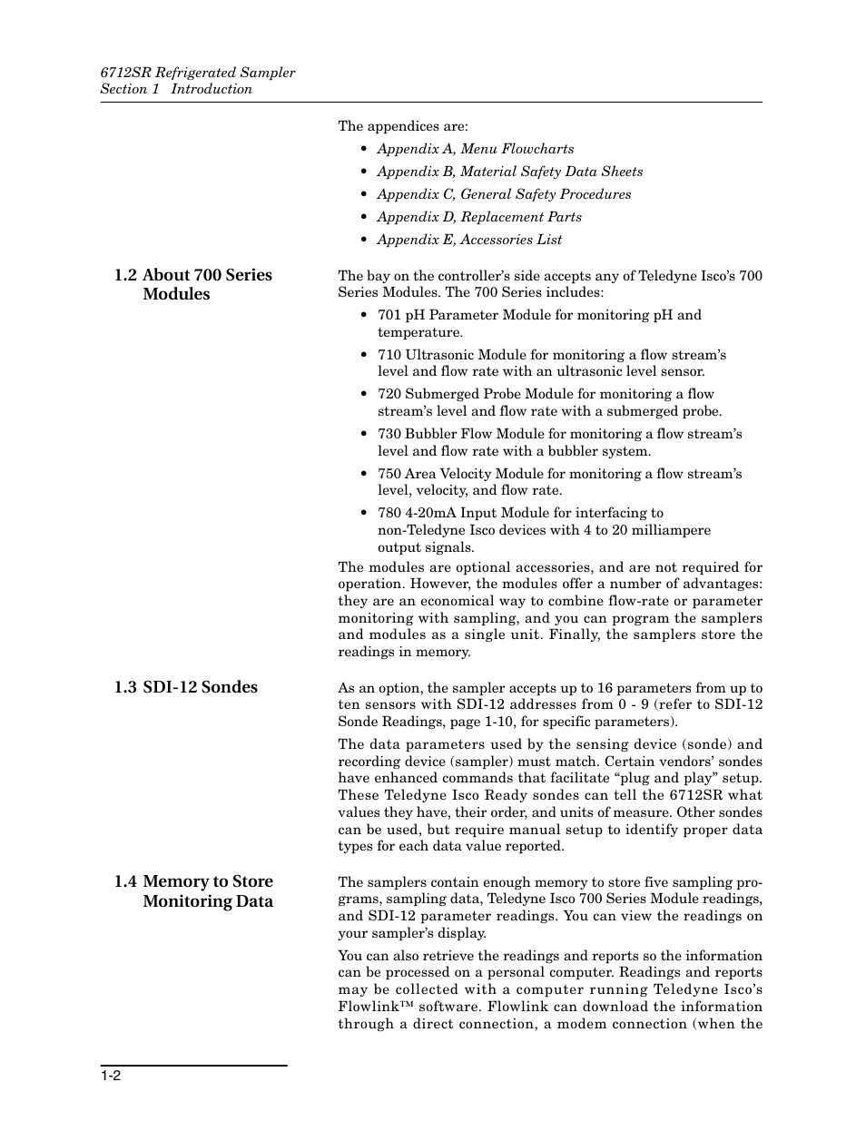 2 about 700 series modules, 3 sdi-12 sondes, 4 memory to store monitoring data | Teledyne 6712SR User Manual | Page 16 / 224