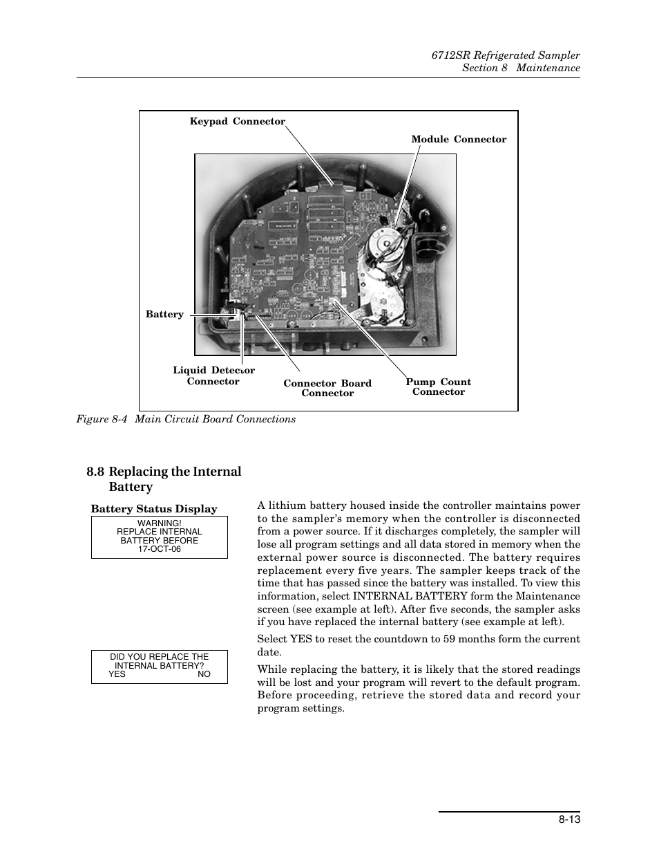 8 replacing the internal battery, 8 replacing the internal battery -13, 4 main circuit board connections -13 | Teledyne 6712SR User Manual | Page 161 / 224