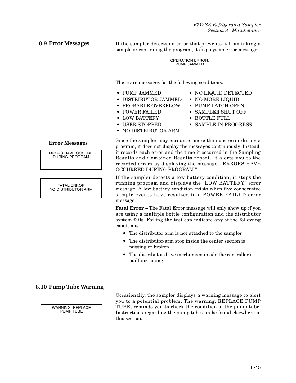 9 error messages, 10 pump tube warning, 9 error messages -15 8.10 pump tube warning -15 | Teledyne 6712SR User Manual | Page 163 / 224