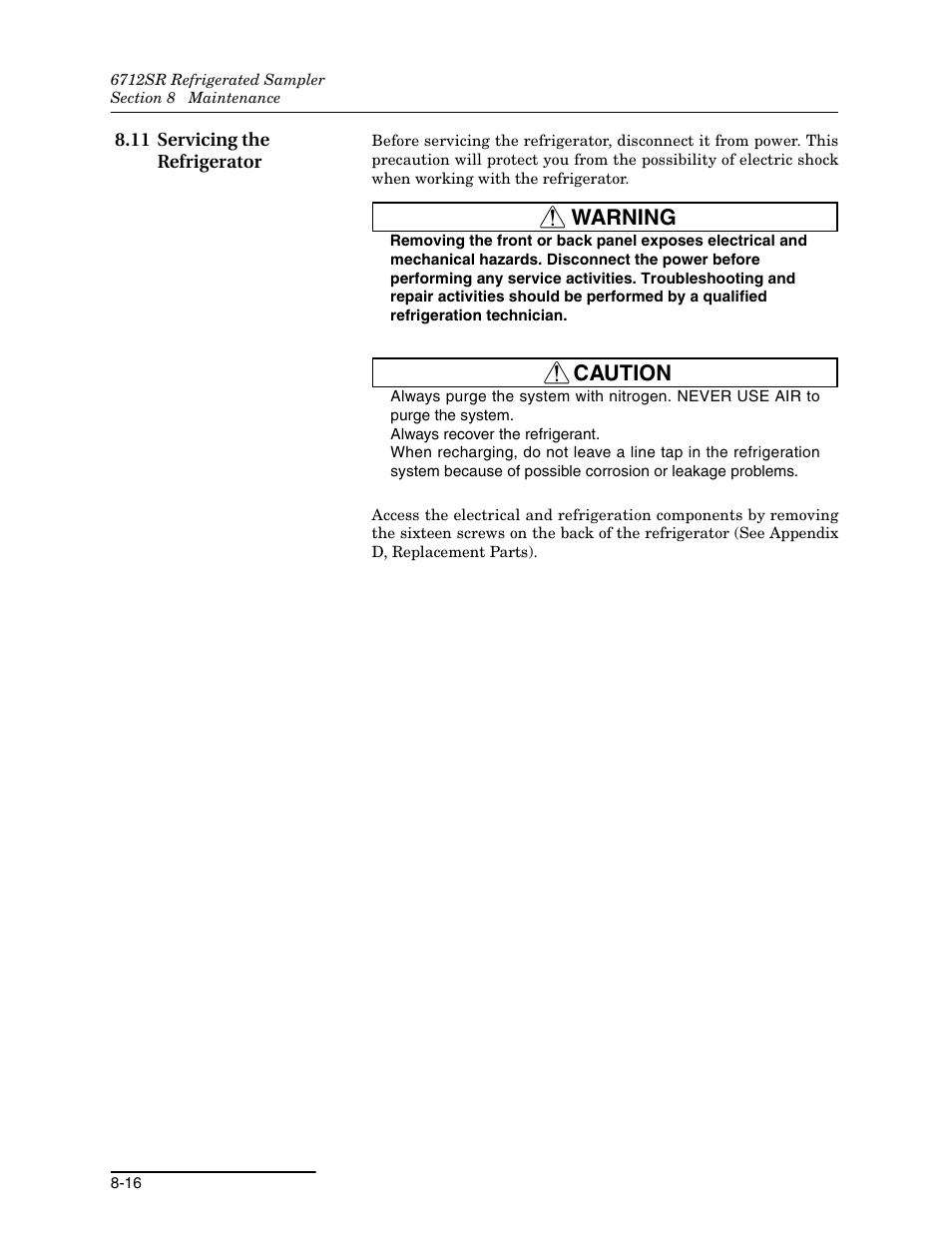 11 servicing the refrigerator, 11 servicing the refrigerator -16, Warning | Caution | Teledyne 6712SR User Manual | Page 164 / 224