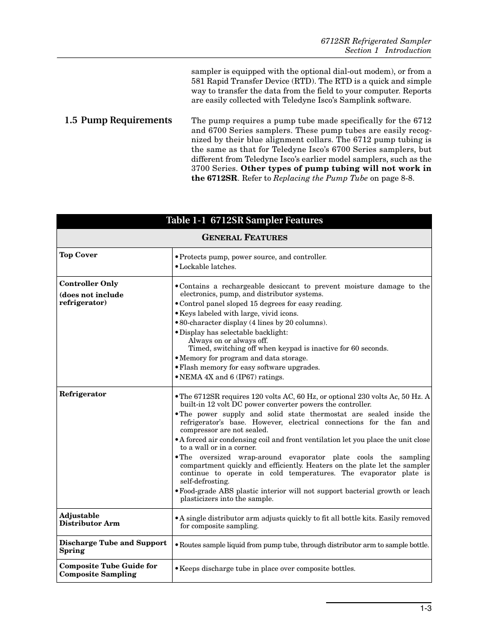 5 pump requirements, 5 pump requirements -3, 1 6712sr sampler features -3 | Teledyne 6712SR User Manual | Page 17 / 224