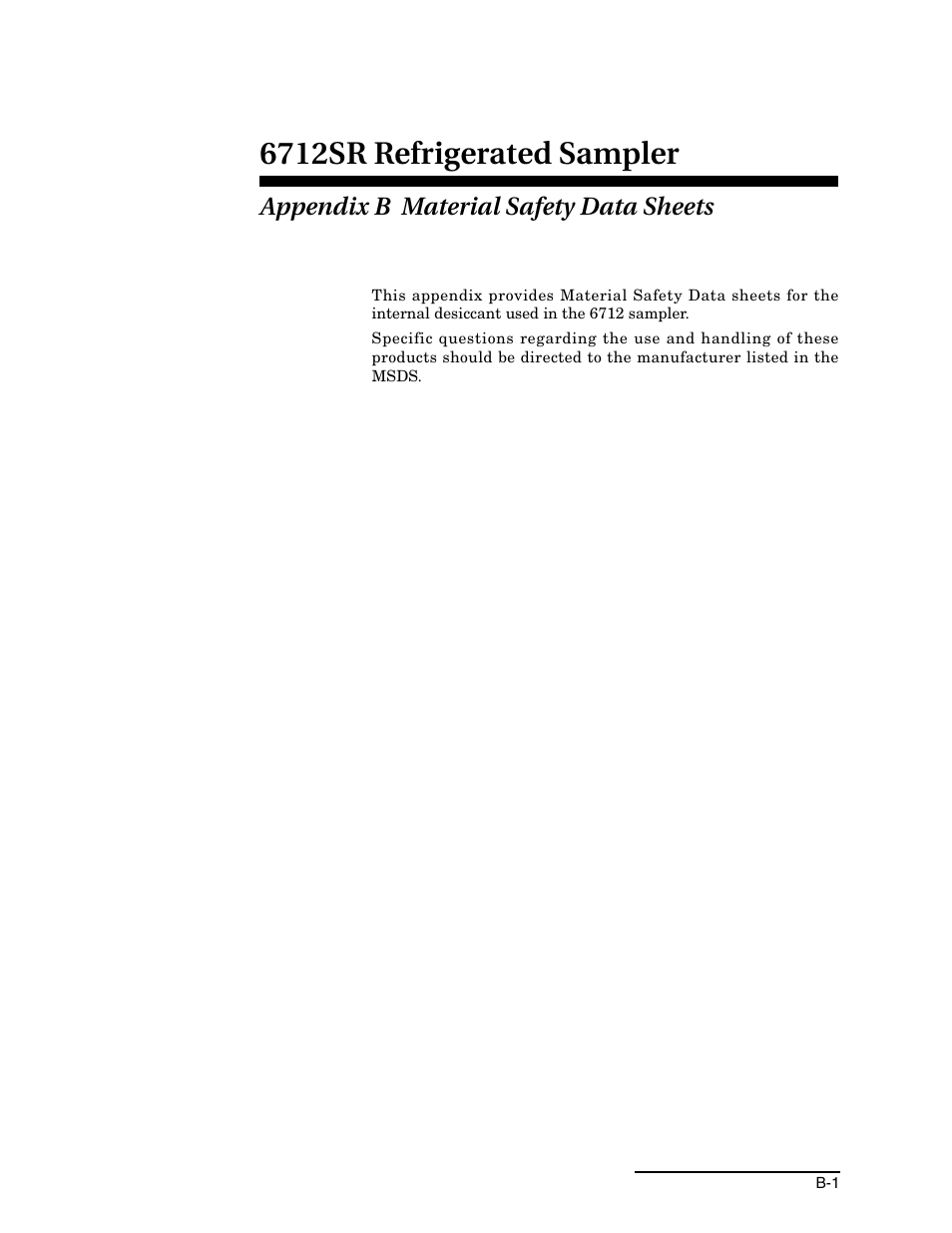 Appendix b material safety data sheets, 6712sr refrigerated sampler | Teledyne 6712SR User Manual | Page 189 / 224