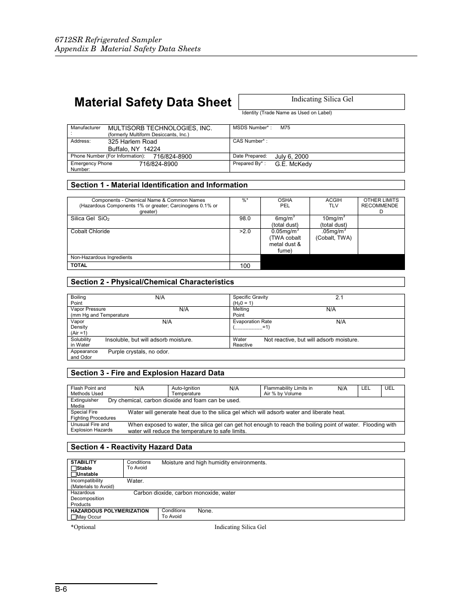 Material safety data sheet, Indicating silica gel | Teledyne 6712SR User Manual | Page 194 / 224