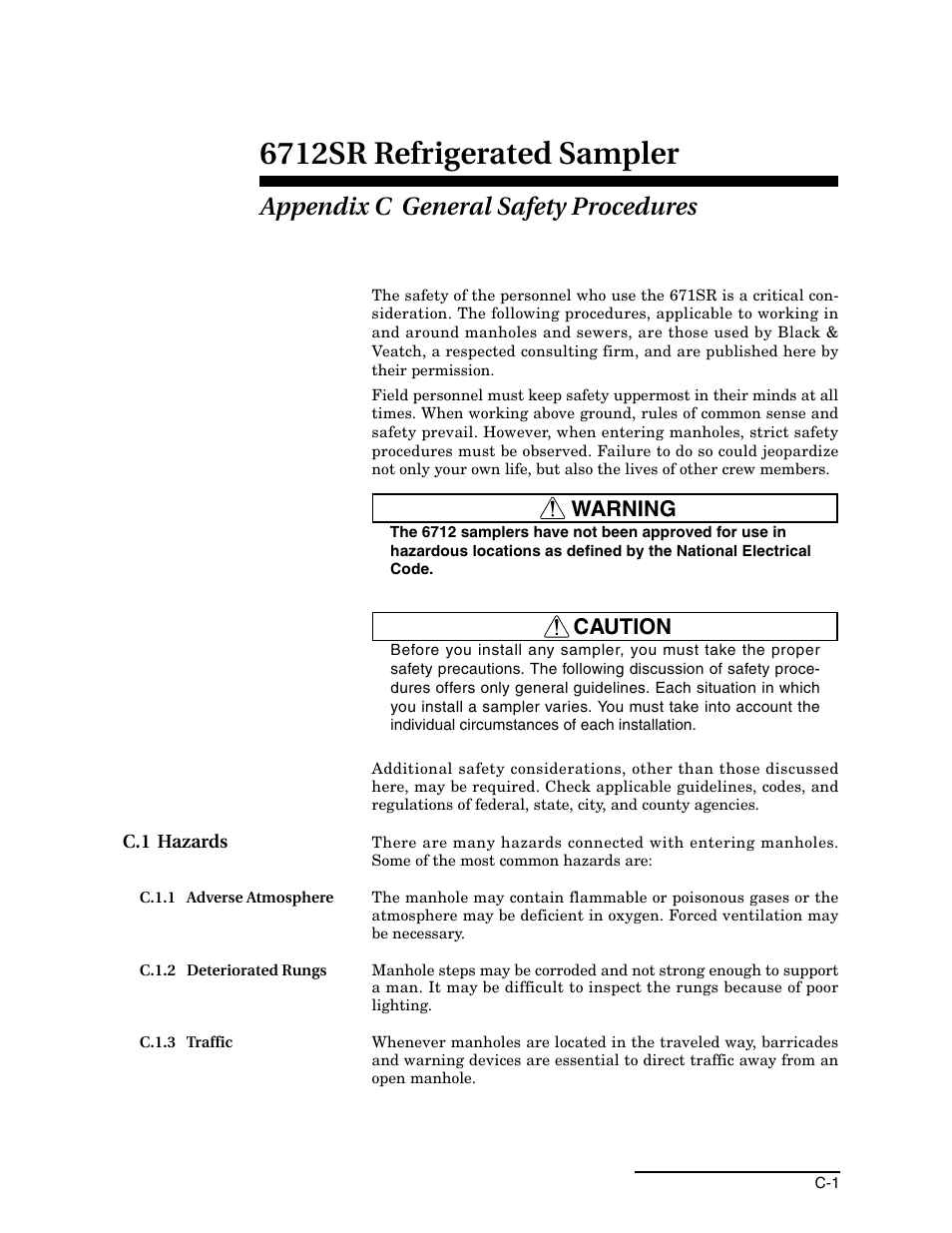 Appendix c general safety procedures, C.1 hazards, C.1.1 adverse atmosphere | C.1.2 deteriorated rungs, C.1.3 traffic, C.1.1 a, C.1.2 d, C.1.3 t, 6712sr refrigerated sampler, Warning | Teledyne 6712SR User Manual | Page 197 / 224