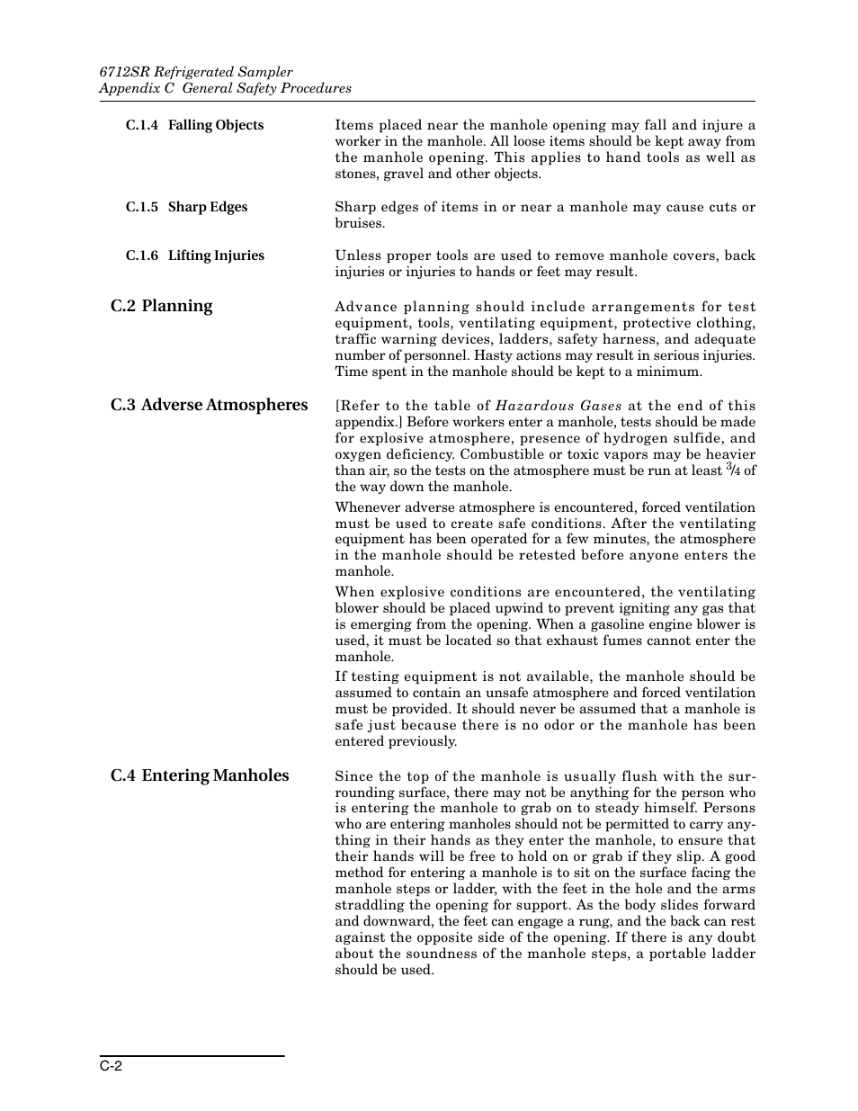 C.1.4 falling objects, C.1.5 sharp edges, C.1.6 lifting injuries | C.2 planning, C.3 adverse atmospheres, C.4 entering manholes, C.1.4 f, C.1.5 s, C.1.6 l | Teledyne 6712SR User Manual | Page 198 / 224