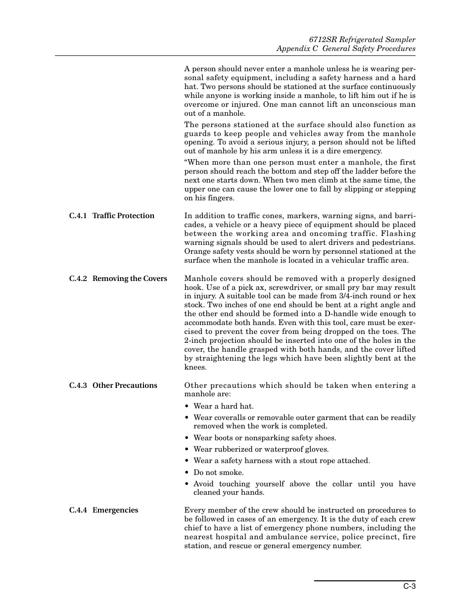 C.4.1 traffic protection, C.4.2 removing the covers, C.4.3 other precautions | C.4.4 emergencies, C.4.1 t, C.4.2 r, C.4.3 oth, C.4.4 e | Teledyne 6712SR User Manual | Page 199 / 224