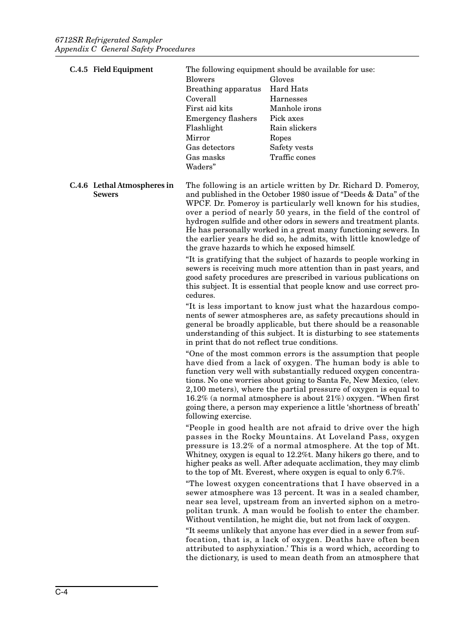 C.4.5 field equipment, C.4.6 lethal atmospheres in sewers, C.4.5 f | Teledyne 6712SR User Manual | Page 200 / 224