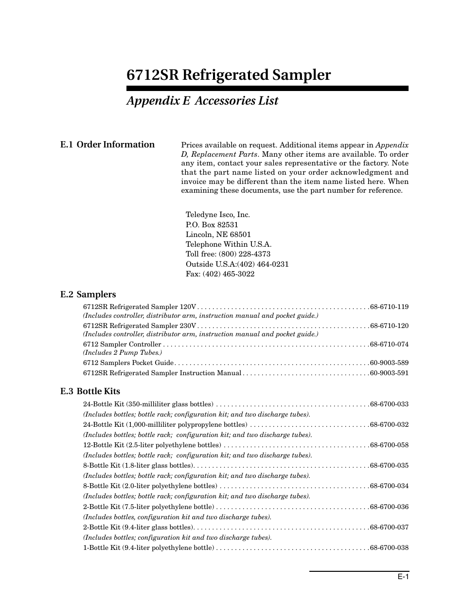 Appendix e accessories list, E.1 order information, E.2 samplers | E.3 bottle kits, 6712sr refrigerated sampler | Teledyne 6712SR User Manual | Page 213 / 224