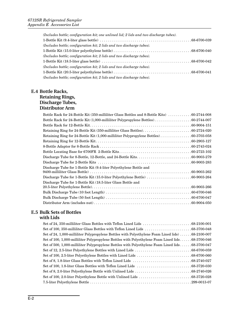 E.5 bulk sets of bottles with lids | Teledyne 6712SR User Manual | Page 214 / 224