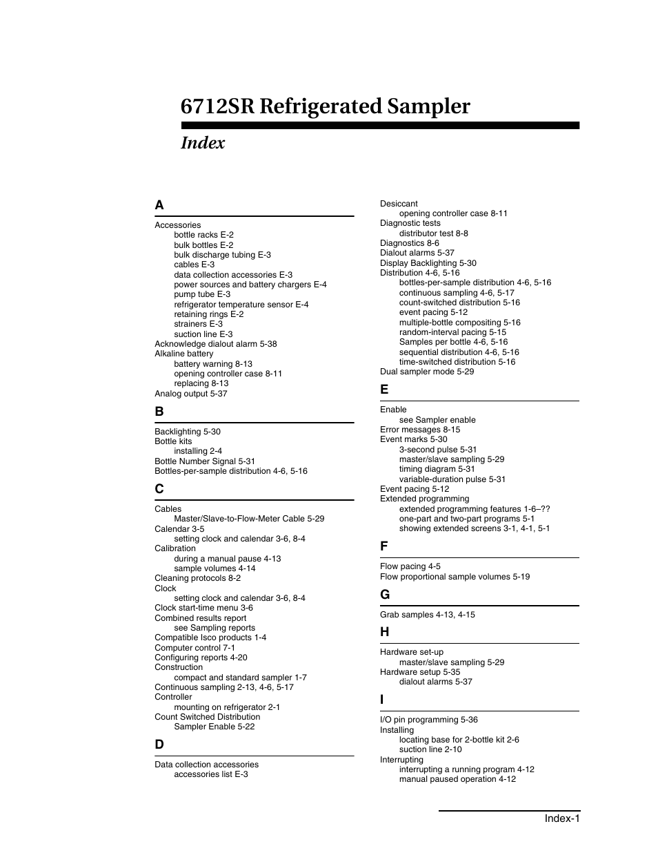 Index, 6712sr refrigerated sampler | Teledyne 6712SR User Manual | Page 219 / 224