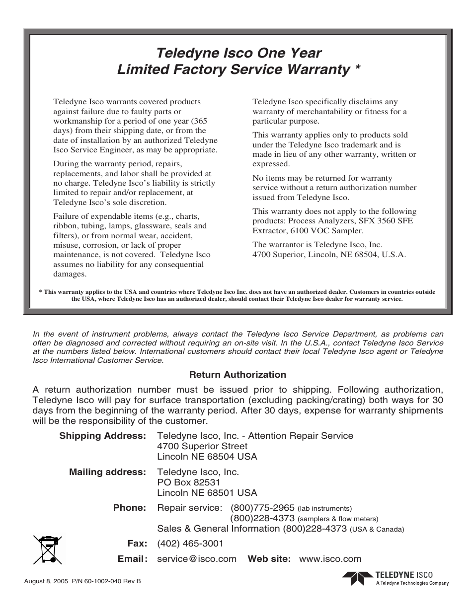 Warranty | Teledyne 6712SR User Manual | Page 223 / 224