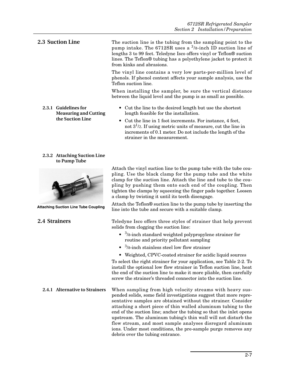 3 suction line, 2 attaching suction line to pump tube, 4 strainers | 1 alternative to strainers, 3 suction line -7, 4 strainers -7, 1 alternative to strainers -7 | Teledyne 6712SR User Manual | Page 35 / 224