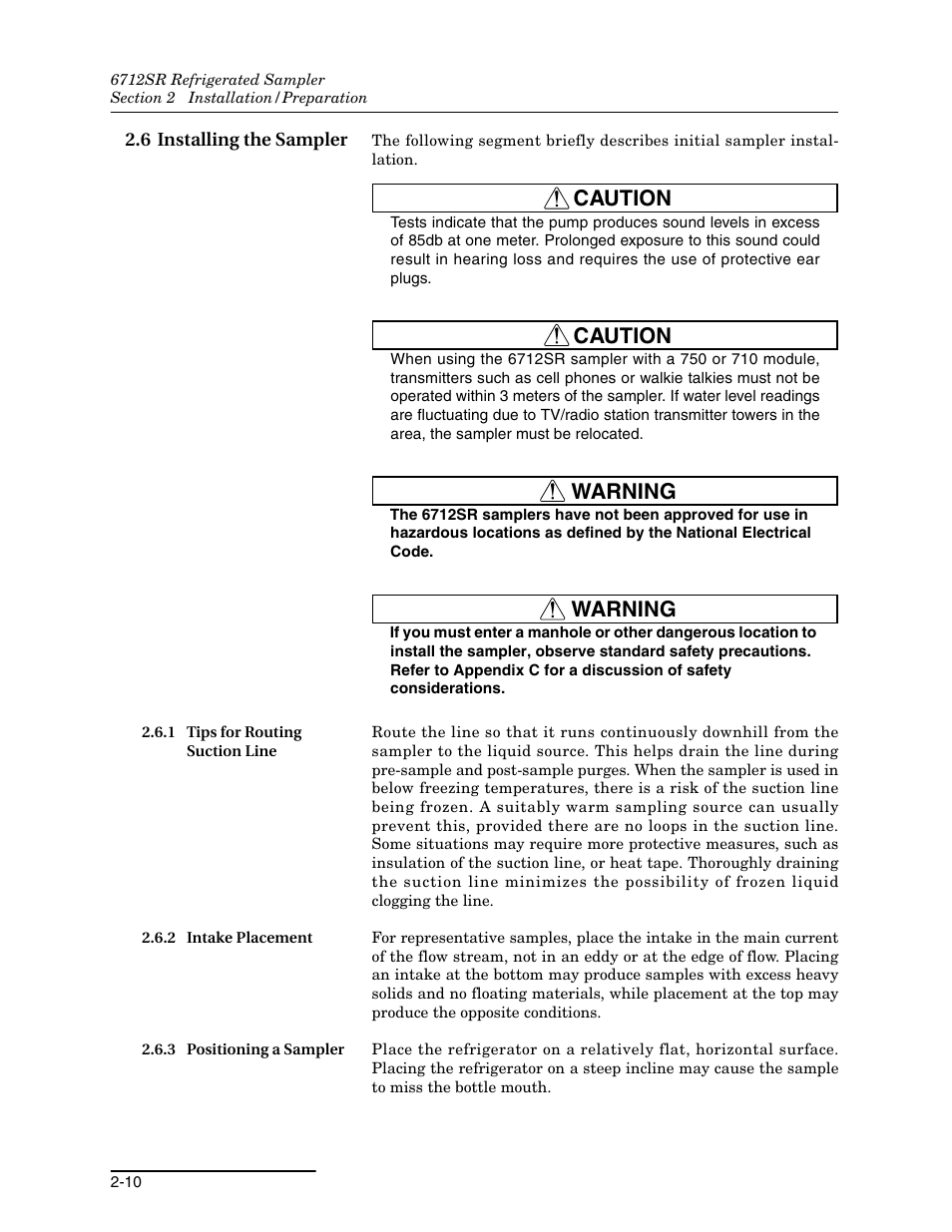 6 installing the sampler, 1 tips for routing suction line, 2 intake placement | 3 positioning a sampler, 6 installing the sampler -10, Caution, Warning | Teledyne 6712SR User Manual | Page 38 / 224