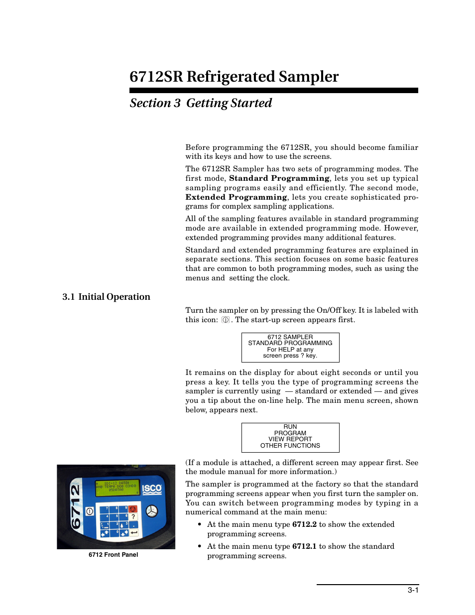 Section 3 getting started, 1 initial operation, 1 initial operation -1 | 6712sr refrigerated sampler | Teledyne 6712SR User Manual | Page 43 / 224