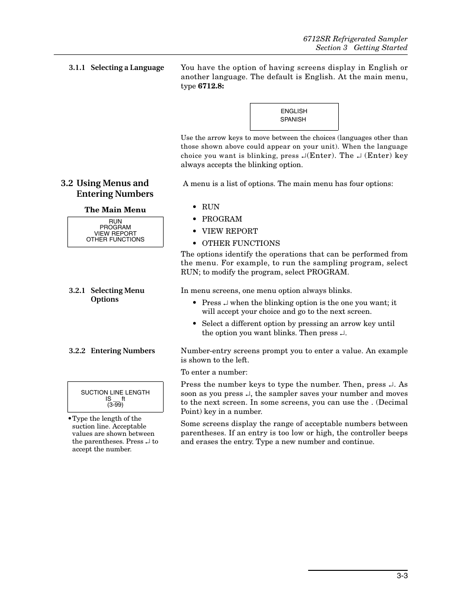 1 selecting a language, 2 using menus and entering numbers, 1 selecting menu options | 2 entering numbers, 1 selecting a language -3, 2 using menus and entering numbers -3 | Teledyne 6712SR User Manual | Page 45 / 224