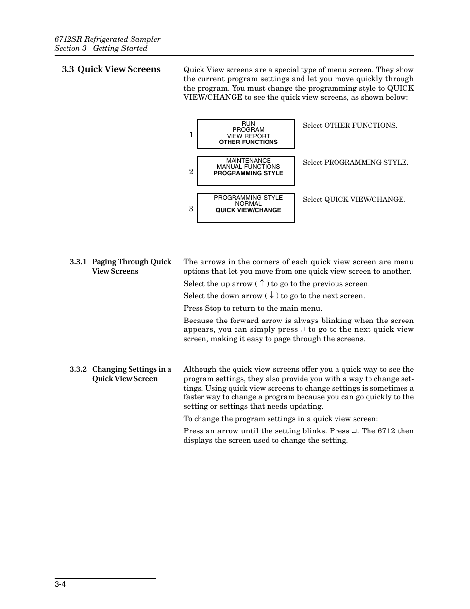 3 quick view screens, 1 paging through quick view screens, 2 changing settings in a quick view screen | 3 quick view screens -4 | Teledyne 6712SR User Manual | Page 46 / 224