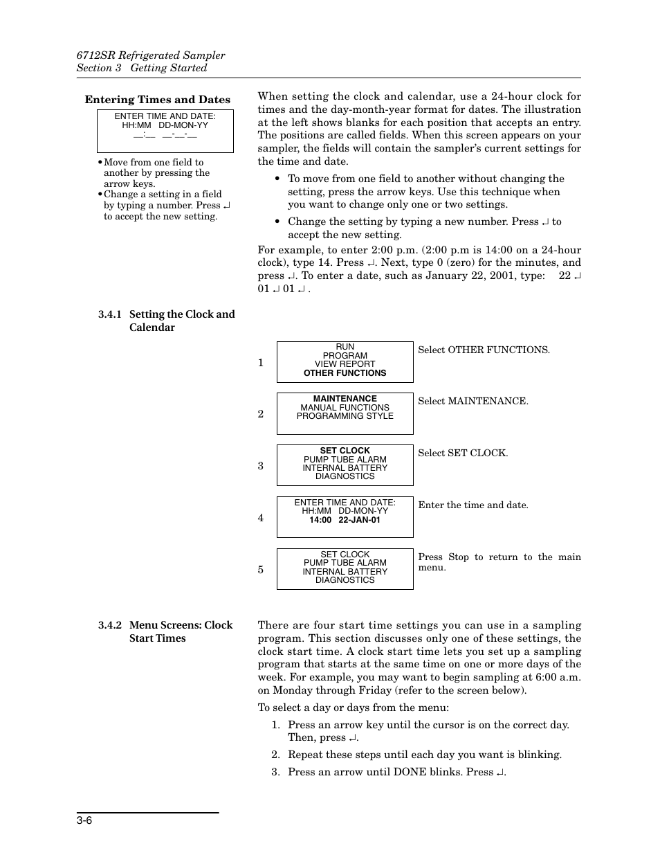 1 setting the clock and calendar, 2 menu screens: clock start times | Teledyne 6712SR User Manual | Page 48 / 224