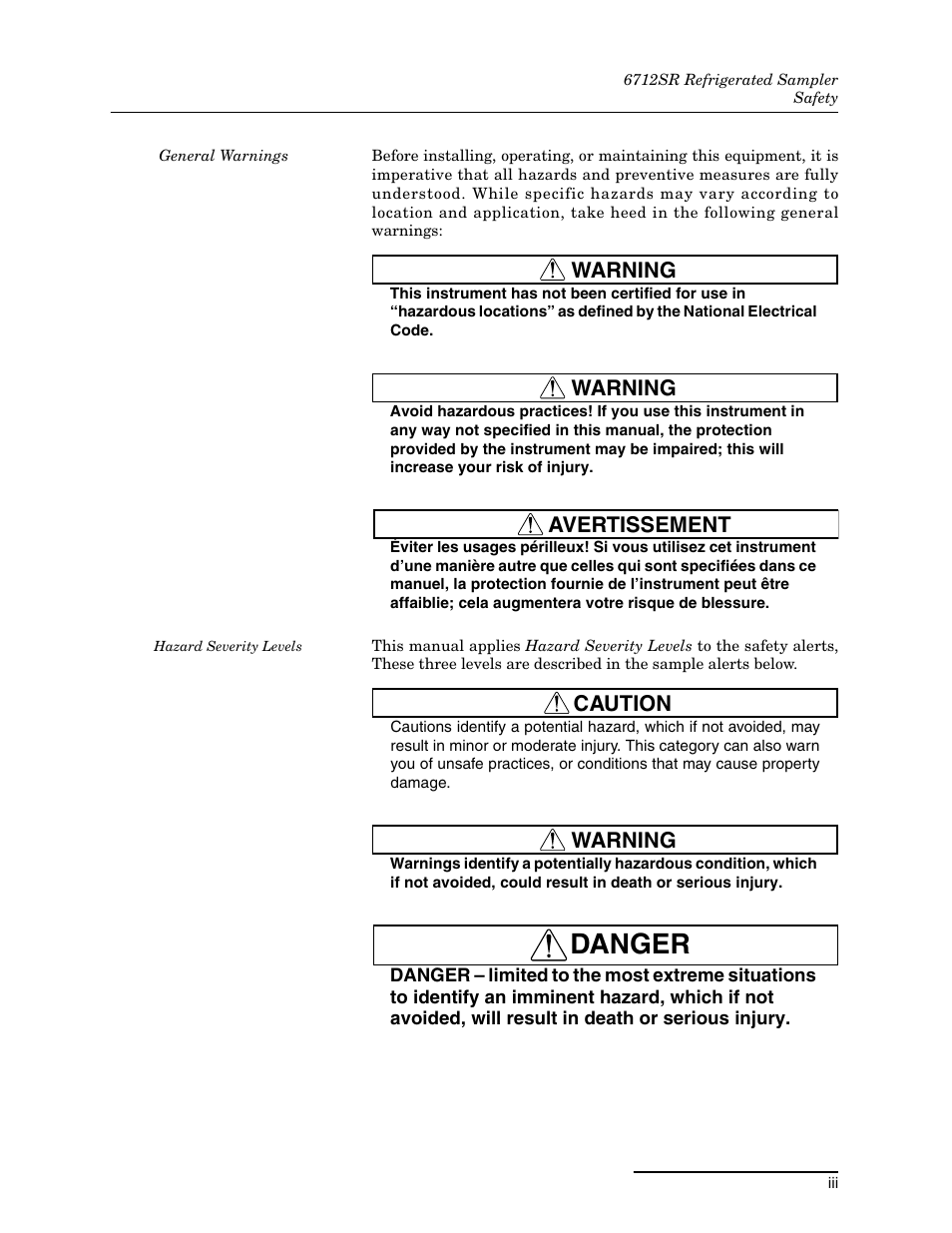 Safety, Danger, Warning | Avertissement, Caution | Teledyne 6712SR User Manual | Page 5 / 224